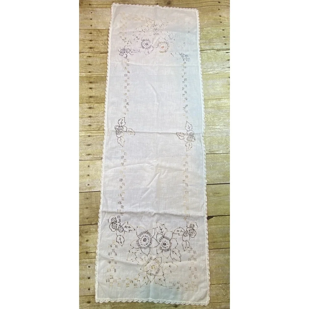 Hand Stitch Table Runner Flower Yellow Brown‎ Floral 40x30